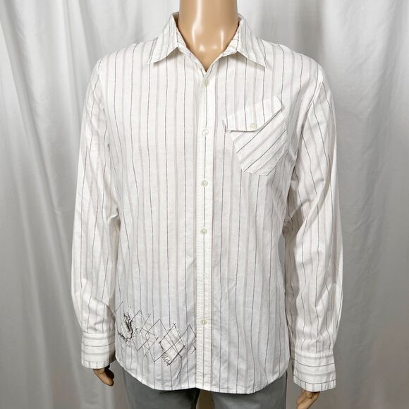 Billabong Mens Large White Brown Striped Embroidered Long Sleeve Button-Up Shirt - Picture 1 of 11